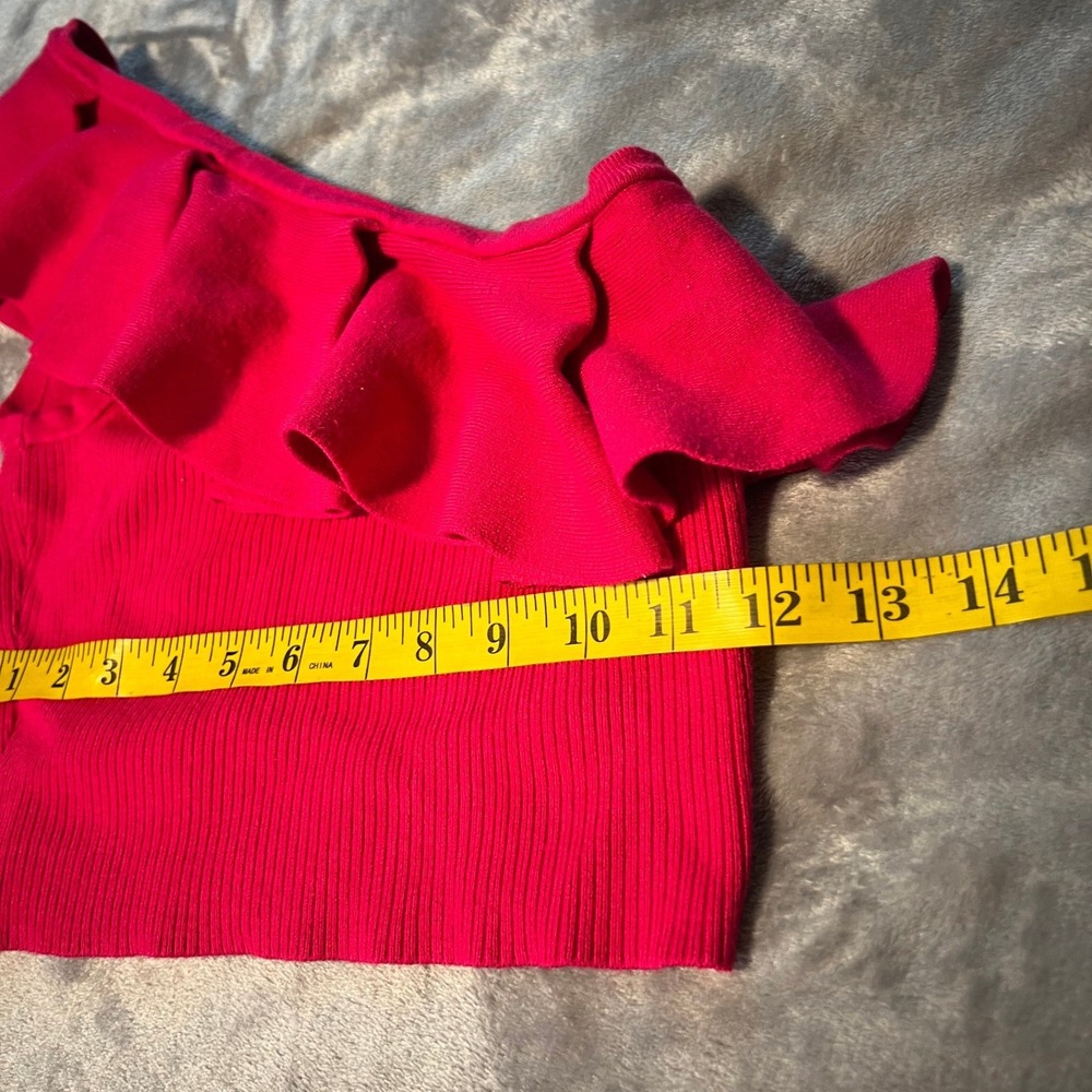 Express Womens Fuchsia Pink Ribbed One Shoulder Ruffle Crop Top Size Small - Picture 5 of 7